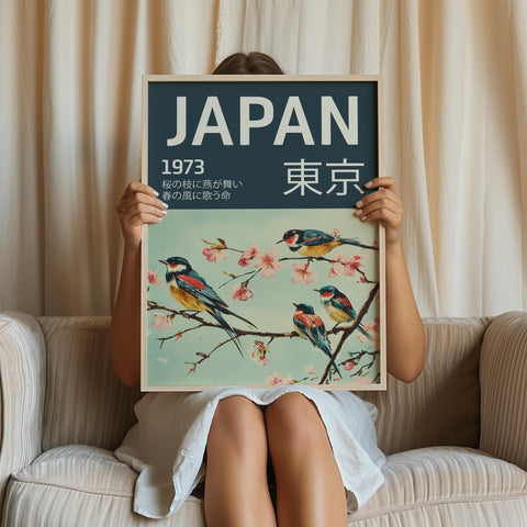 Vintage-style Japanese poster with cherry blossoms, ideal for traditional homes.