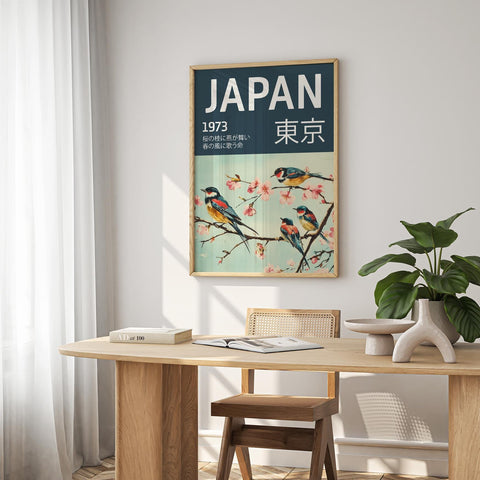 Japanese vintage art poster for traditional home decor in teal tones.