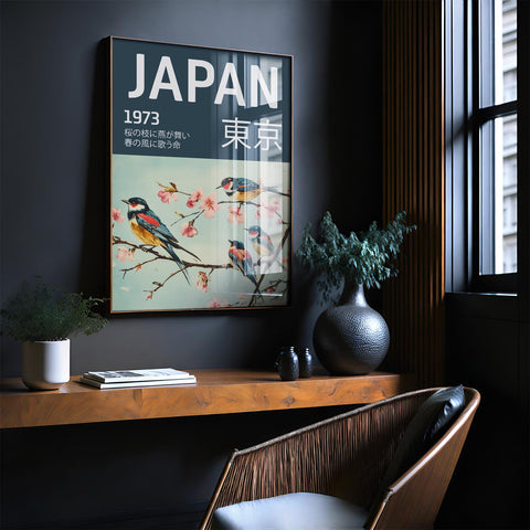 1973 Japanese poster with birds, perfect for living room walls.