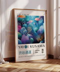 Yayoi Kusama exhibition poster featuring vibrant fish and coral, perfect for modern decor in bedrooms, offices, or living rooms