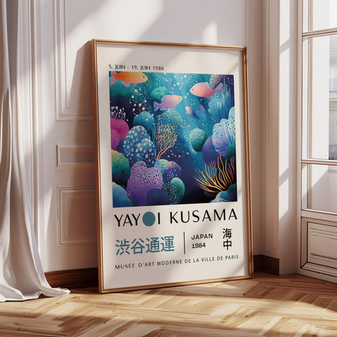 Yayoi Kusama exhibition poster featuring vibrant fish and coral, perfect for modern decor in bedrooms, offices, or living rooms