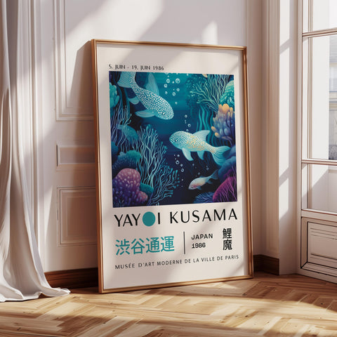 Koi Fish Wall Art by Yayoi Kusama, vibrant colours and aquatic fish in modern Japanese style.