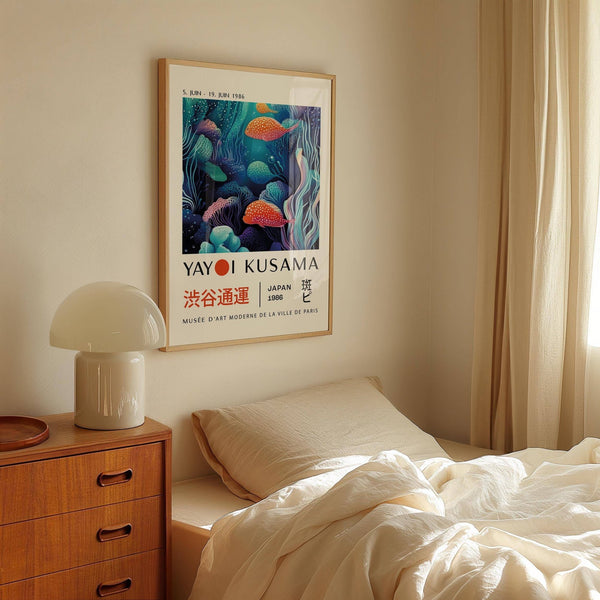 Bright red and orange coral featured in abstract colorful fish art