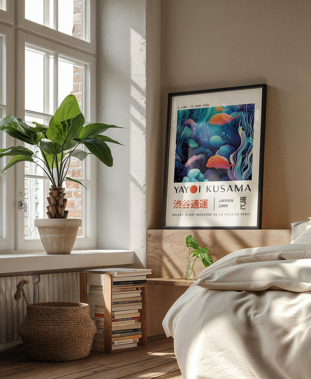 Artistic ocean print with Kusama patterns in colorful fish art