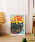 Black cats vintage Japan poster with vibrant yellow and orange colours.