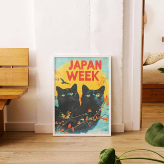 Black cats vintage retro wall prints for nostalgic Asian-inspired spaces