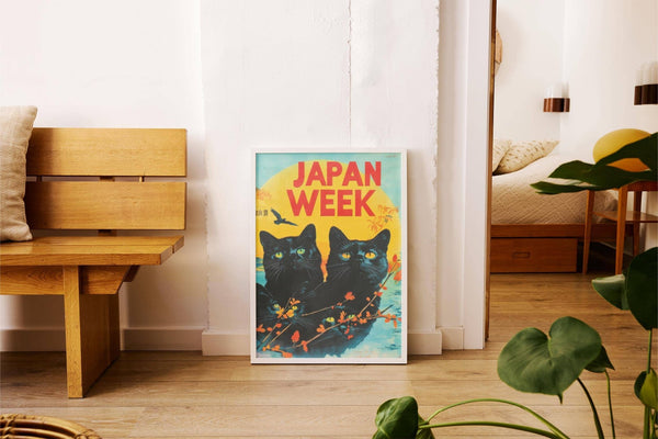 Black cats vintage retro wall prints for nostalgic Asian-inspired spaces