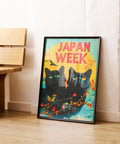 Retro Japanese wall print featuring black cats with a bold design.