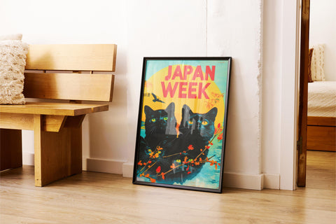 Retro Japanese wall print featuring black cats with a bold design.