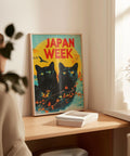 Vibrant retro black cat poster for vintage wall decor.