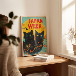 Colourful retro wall prints featuring bold black cats on warm-toned background