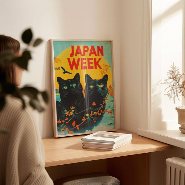 Colourful retro wall prints featuring bold black cats on warm-toned background