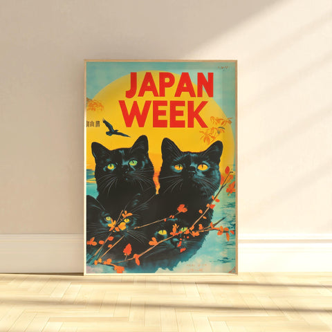 Vintage Japan-inspired poster with bold black cat illustrations.