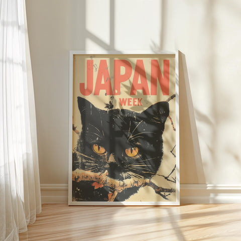 Vintage Japan Week art print with a black cat illustration.