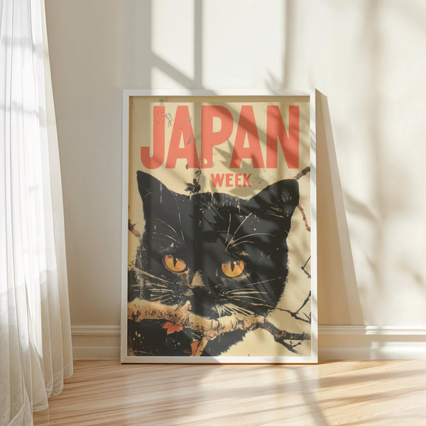 Unique retro Japanese art featuring a black cat motif