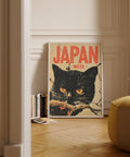 Japanese vintage wall art with black cat for home design.