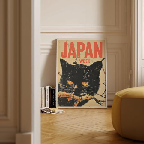 Japanese vintage wall art with black cat for home design.