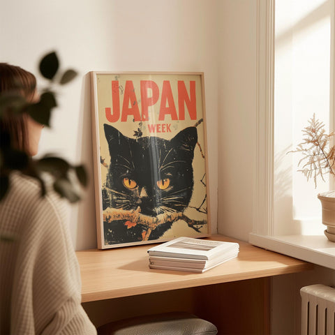 Bold black cat art poster for retro Japanese wall decor.