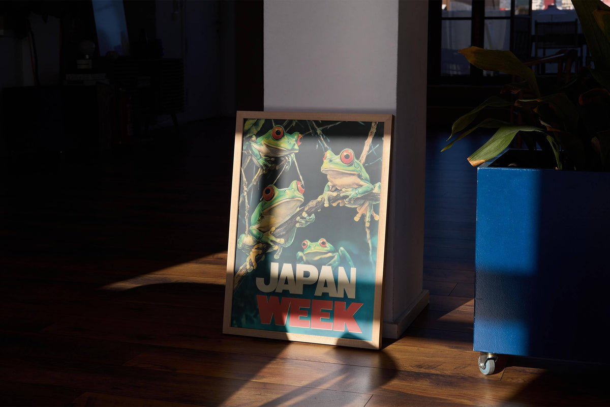 japanese frog prints with red-eyed frogs