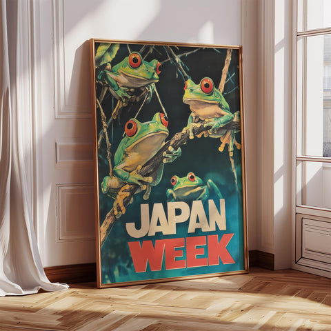 Colorful bold Japan Week frog poster featuring Japanese tree frogs.