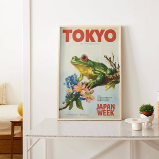 Bright and bold Japanese frog poster for living room decor.