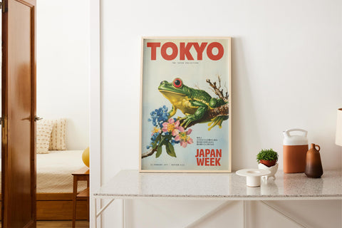 Bright and bold Japanese frog poster for living room decor.