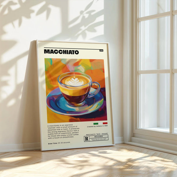 Café interior styled with trendy macchiato coffee poster