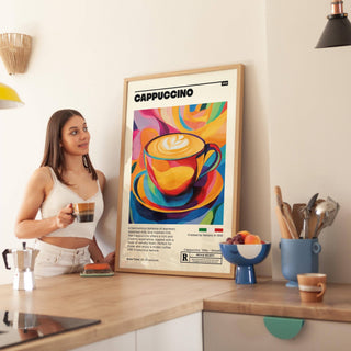 Multicolored coffee cup wall art print with a cappuccino in a kitchen