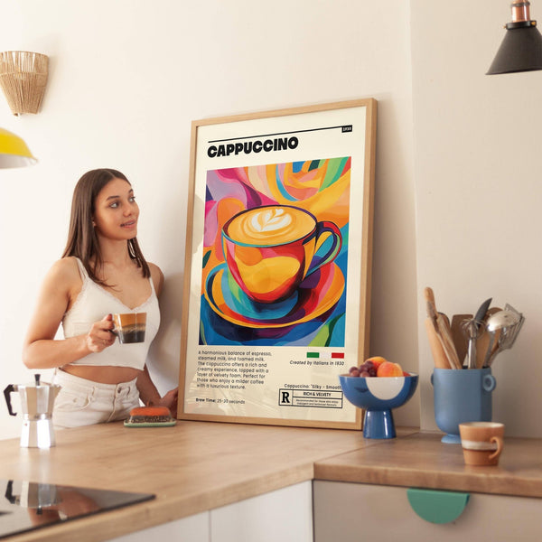 Multicolored coffee cup wall art print with a cappuccino in a kitchen