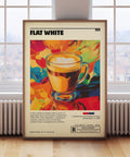 Flat white coffee lovers gift poster for trendy homes.