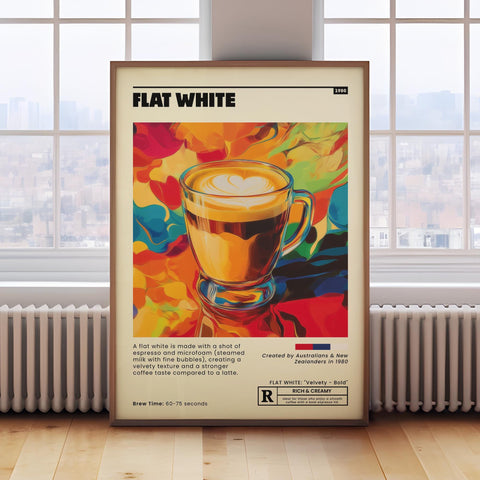 Flat white coffee lovers gift poster for trendy homes.