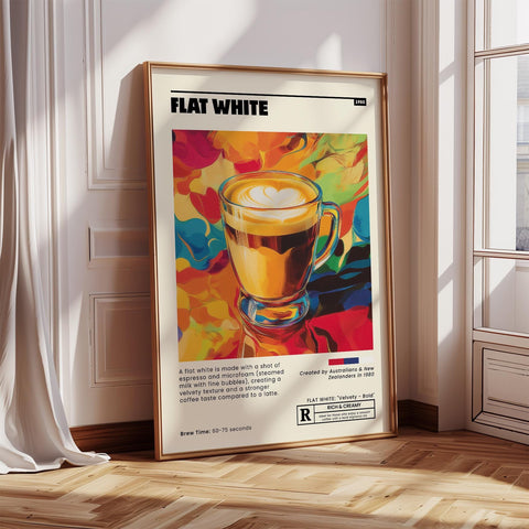 Flat white coffee lovers wall art for trendy apartments.