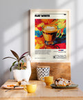 Flat white coffee drink lovers poster for home decor.