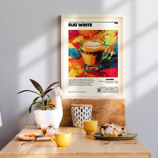 Flat white coffee drink lovers poster for home decor.