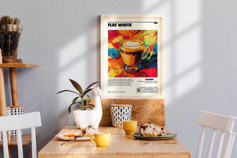 Flat white coffee drink lovers poster for home decor.