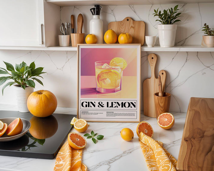 Bar wall decor of a gin and lemon cocktail illustration with yellow and pink shades in a kitchen scene with fruit and wooden boards
