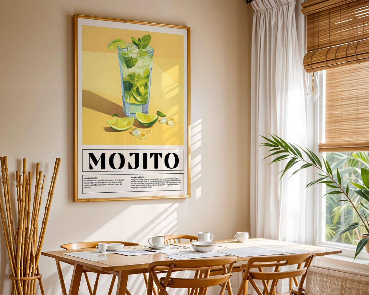 Cocktail recipe art used as vibrant bar decor for home entertaining