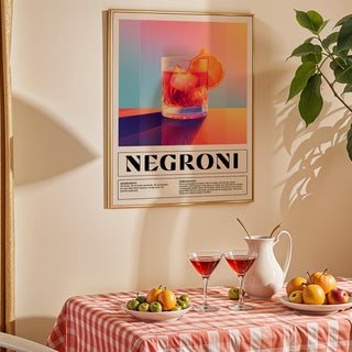 Brightly coloured vintage Italian poster art with detailed drink layout