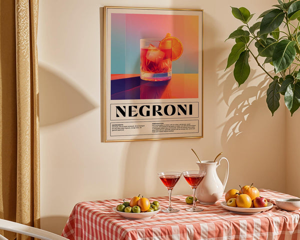 Brightly coloured vintage Italian poster art with detailed drink layout