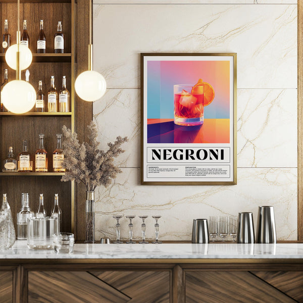 Stylish Negroni cocktail print ideal for vintage Italian poster art lovers