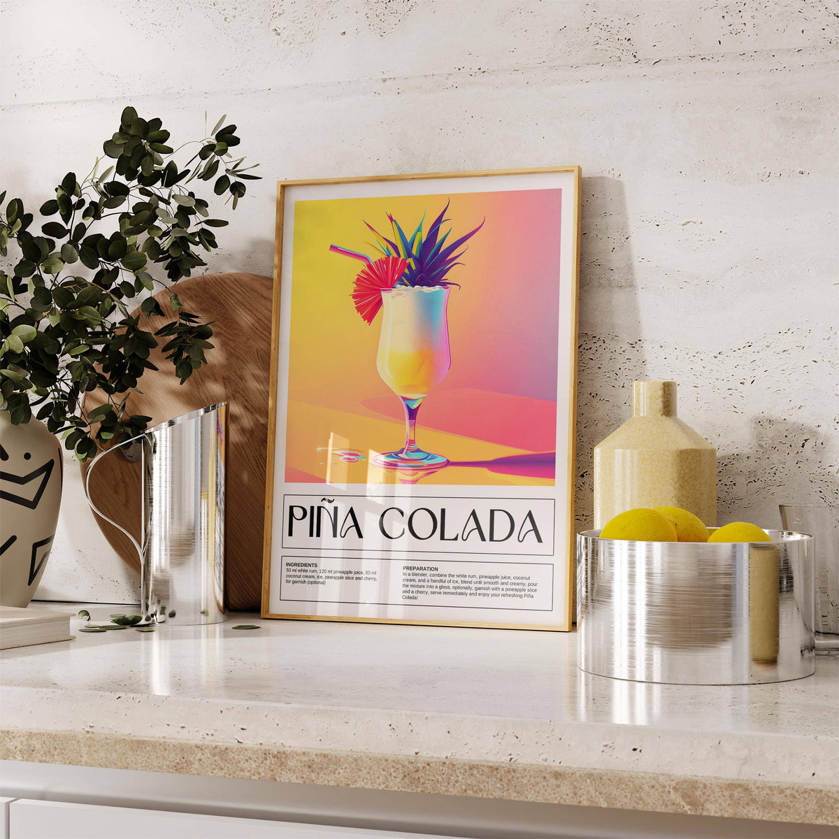 Cocktail drink wall art with rum, coconut cream, and pineapple juice