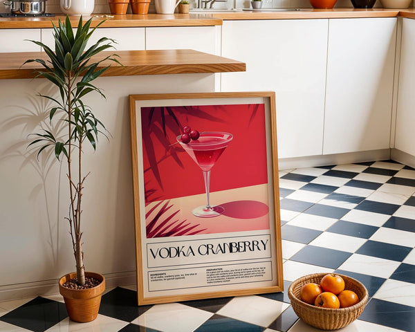 Modern cranberry drink artwork featured in home bar print.
