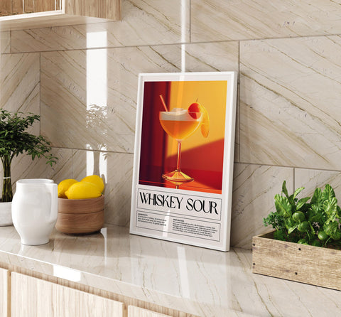 Whiskey Sour drink recipe art for bar cart decor