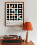 Minimalist Bauhaus wall art in black, orange, and teal