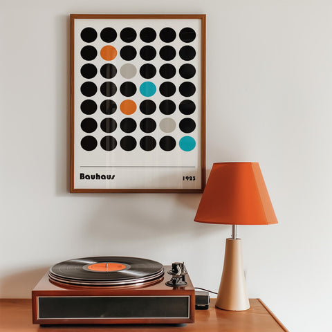 Minimalist Bauhaus wall art in black, orange, and teal