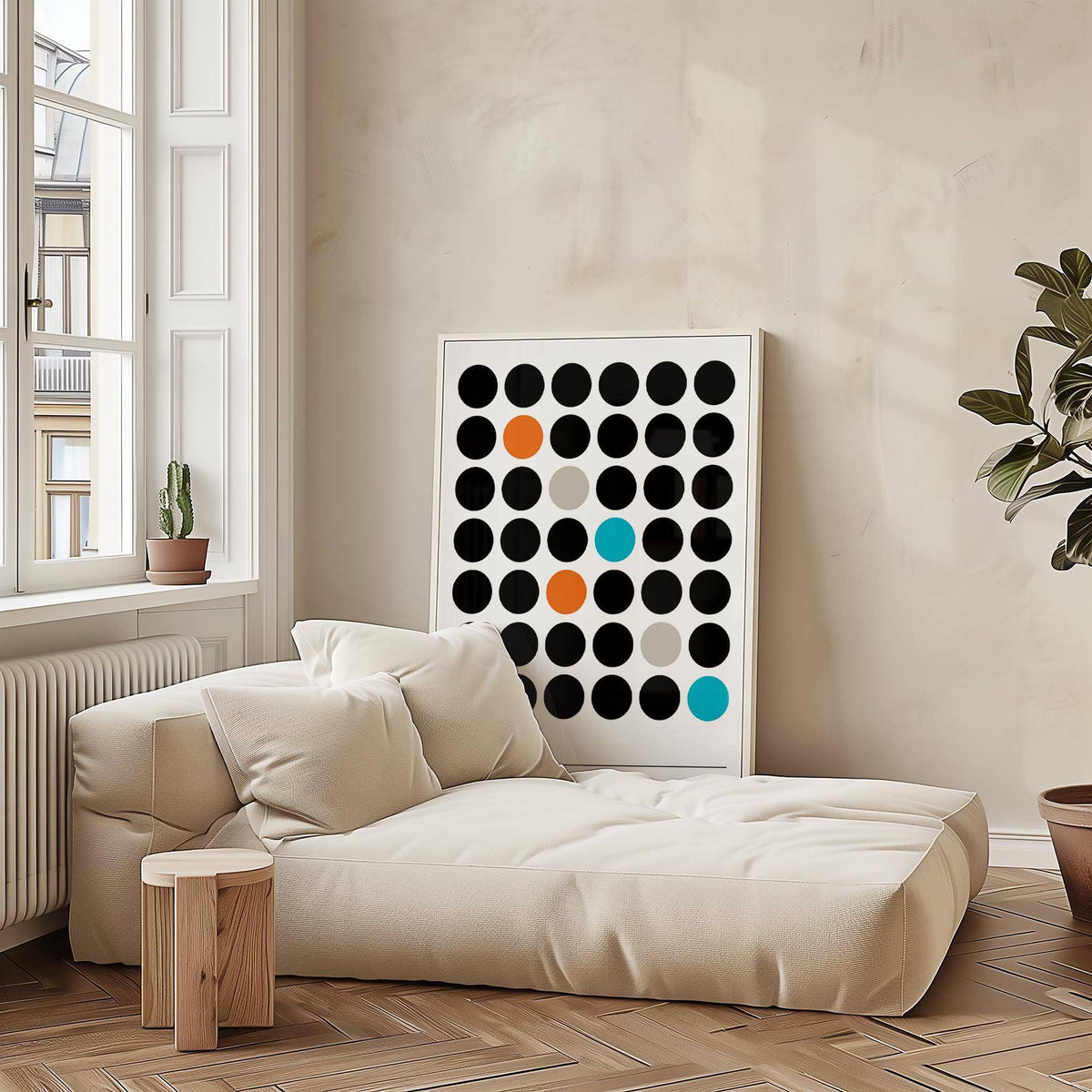 Orange and teal Bauhaus geometric graphic prints for stylish bedrooms