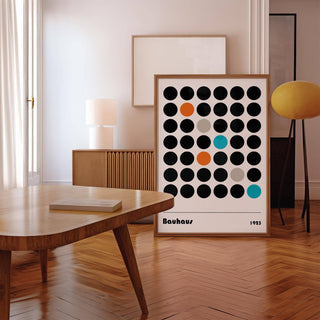 Retro-modern graphic prints featuring minimalist Bauhaus circles for home decor