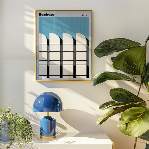 Modern architecture-inspired Bauhaus poster in black and blue.