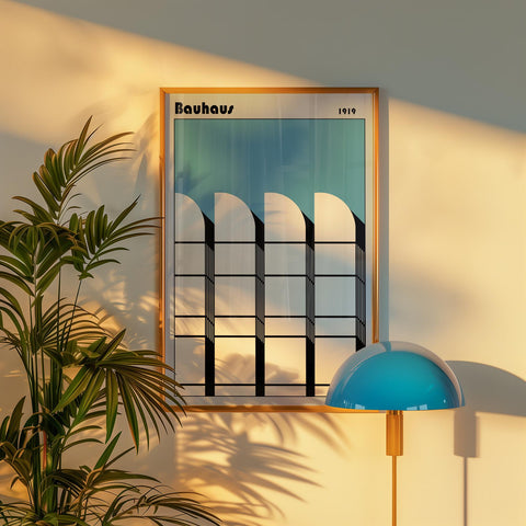 Bauhaus-inspired poster featuring geometric architecture design.