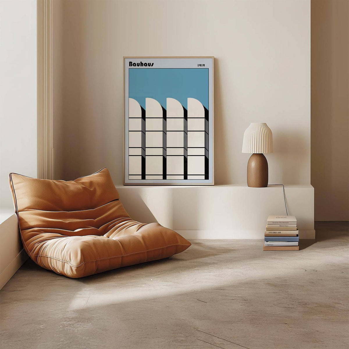 Bauhaus architecture art poster with bold black and blue contrast